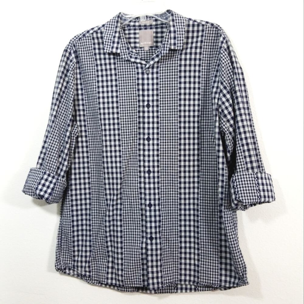 A-Frame patchwork plaid cotton button front shirt L